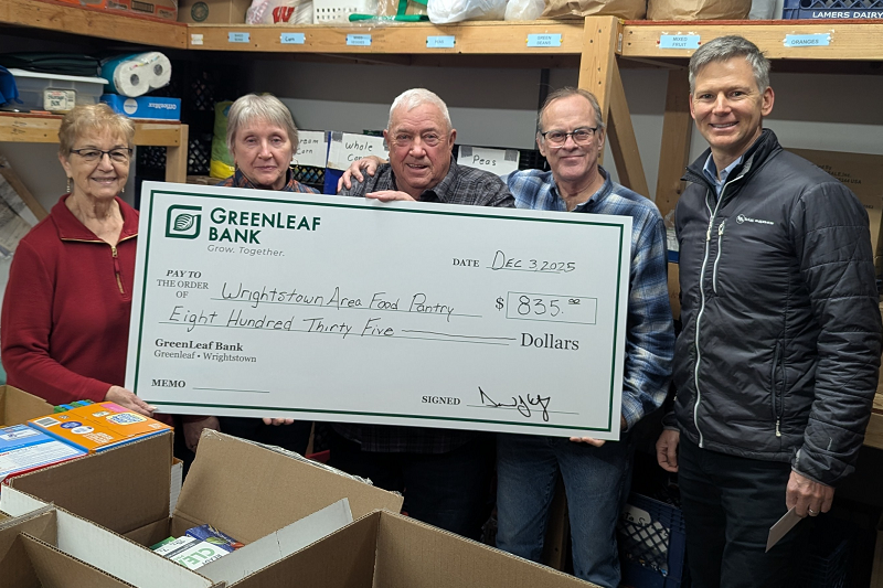 GreenLeaf Bank presents donation check to the Wrightstown Area Food Pantry
